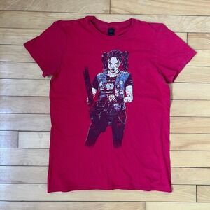 Zombie Slayer Graphic Tee Short Sleeve Crewneck Red Chainsaw Girl T-Shirt Small